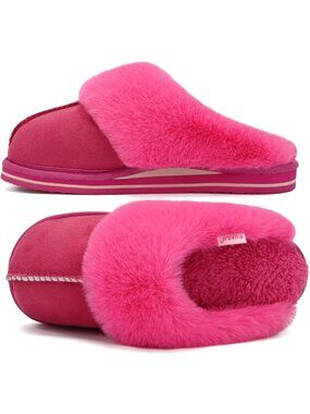 Womens Rose Red Cozy Memory Comfy Winter Scuff Indoor Outdoor Rubber Hard Sole